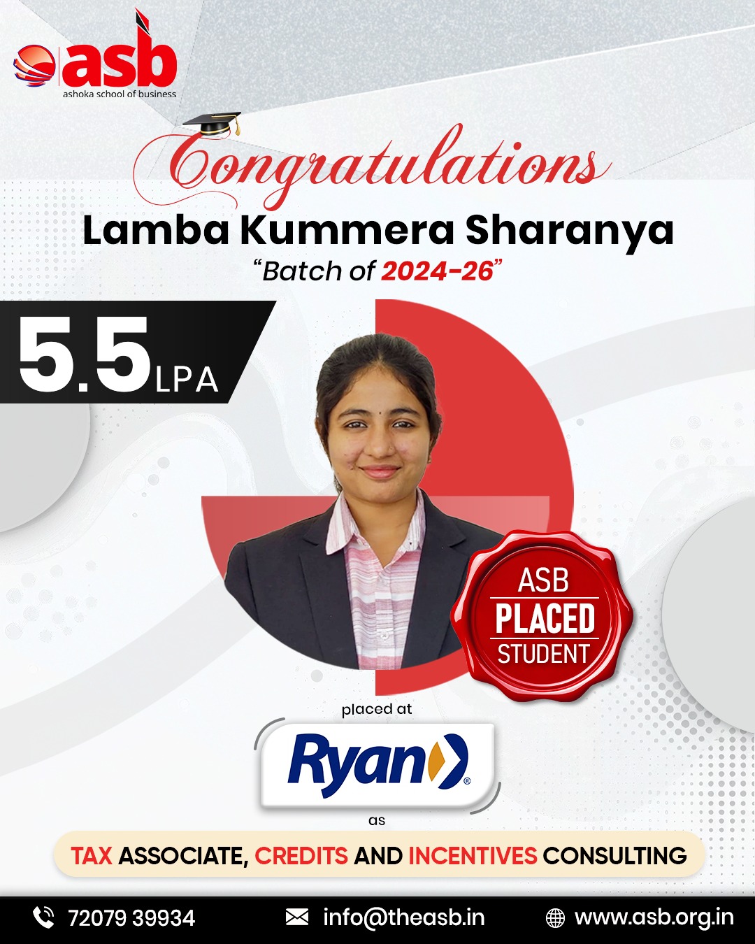 🎉 Proud ASB Placement Highlight!

A big Congratulations to Lamba Kummera Sharanya (Batch 2024–26)! 🎓✨

We are thrilled to share that Sharanya has been successfully placed at Ryan as a Tax Associate – Credits and Incentives Consulting 💼📊 with an impressive 5.5 LPA package! 🌟

Your perseverance and dedication have led you to this remarkable achievement. 🚀
Wishing you continued growth and excellence in your professional journey! 🙌💙

Ashoka School of Business applauds your success! 🎊

📞 72079 39934 | 📧 info@theasb.in
🌐 www.asb.org.in
📍 NH65, near Ramoji Film City, Toopranpet, Hyderabad, Telangana 508252

#AshokaSchoolOfBusiness #ASBPlacements #PlacementSuccess #StudentAchievement #Ryan #TaxAssociate #ConsultingCareer #CareerLaunch #ProudMoment