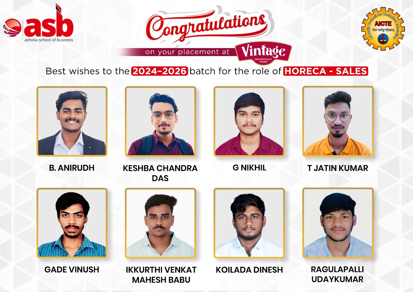 🌟 Cheers to Success! 🌟 

Heartiest congratulations to the achievers of ASB Ashoka School of Business 🎓 (AICTE Approved) on their placement at Vintage Agro 🌾🍷!

🚀 A special shoutout to the 2024-2026 batch stepping into the HORECA - SALES role – your hard work is turning dreams into reality! 💼✨

🎯 Here’s to new beginnings, exciting challenges, and endless growth! 🌟💪

📞 72079 39934 | 📧 info@theasb.in
🌐 www.asb.org.in
📍 NH65, near Ramoji Film City, Toopranpet, Hyderabad, Telangana 508252

#ASB #VintageAgro #Placements2026 #HORECASales #CareerGoals #SuccessStories #FutureLeaders #AICTEApproved #BusinessExcellence #DreamBigAchieveBigger