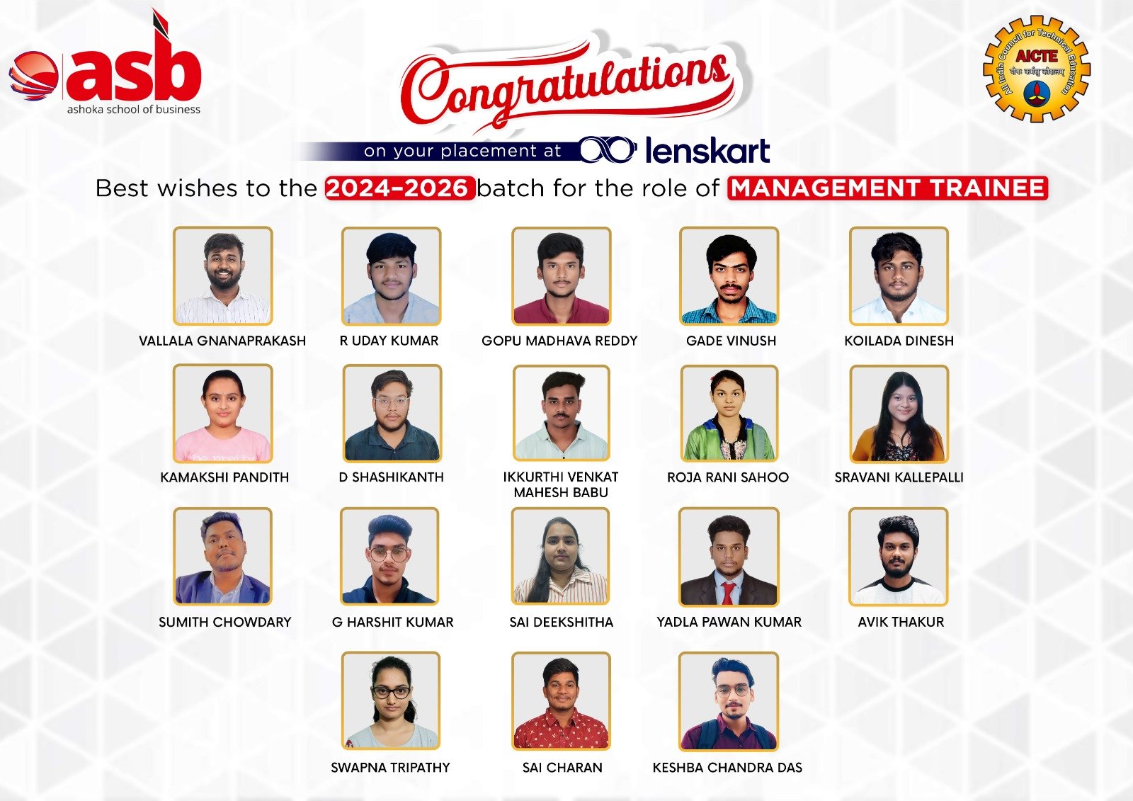 🎉 Proud Moment at ASB – Approved by AICTE! 🎓

Congratulations to our student on securing a placement at Lenskart! 👏✨ Your dedication, hard work, and commitment have turned this achievement into a proud milestone for the entire ASB family.

We extend our heartfelt best wishes to the 2024–2026 batch as you begin your professional journey in the role of Management Trainee 🚀. May this opportunity open doors to learning, leadership, and long-term success in the corporate world.

Keep striving, keep achieving, and continue making us proud! 🌟

📞 72079 39934 | 📧 info@theasb.in
🌐 www.asb.org.in
📍 NH65, near Ramoji Film City, Toopranpet, Hyderabad, Telangana 508252

#ASB #AICTEApproved #CampusPlacement #Lenskart #ManagementTrainee #FutureLeaders #StudentSuccess #CareerBegins #ProudMoment #ASBAchievers
