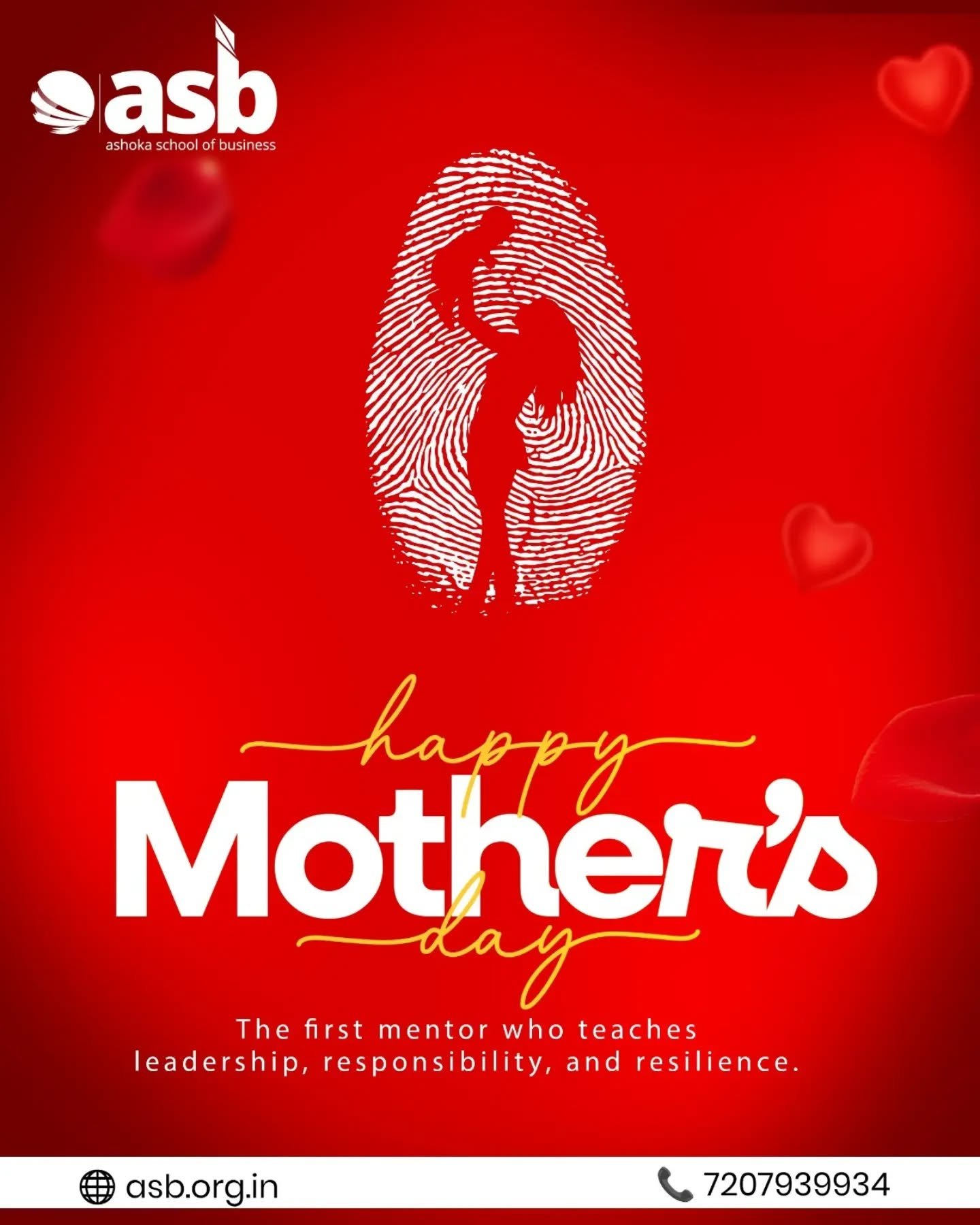 💖 Happy Mother’s Day 💖

The first mentor who teaches leadership, responsibility, and resilience. 👩‍👧‍👦✨

Behind every confident leader and successful professional is a mother who guided with wisdom, strength, and unconditional support. ❤️

Today, we celebrate the incredible women who inspire values, shape futures, and build strong foundations for success. 🌷

🙏 Honoring every mother — the true leader behind every achievement.

📞 72079 39934 | 📧 info@theasb.in
🌐 www.asb.org.in
📍 NH65, near Ramoji Film City, Toopranpet, Hyderabad, Telangana 508252

#HappyMothersDay #AshokaSchoolOfBusiness #ASB #Leadership #MothersLove
