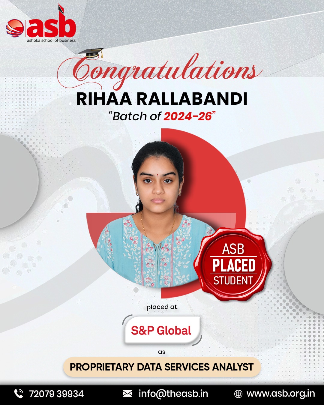 🎉🎓 Congratulations, RIHAA RALLABANDI! 🌟👏

We are proud to celebrate the remarkable achievement of RIHAA RALLABANDI from the Batch of 2024–26 on being placed at S&P Global as a Proprietary Data Services Analyst. 💼✨ Your dedication, perseverance, and hard work have earned you this well-deserved milestone, and we wish you continued success in your professional journey. 🚀

At Ashoka School of Business (ASB), we are committed to empowering students with industry-relevant knowledge, practical exposure, and exceptional placement opportunities that prepare them for successful careers. Here's to many more achievements and inspiring success stories! 🎓💙

📞 72079 39934 | 📧 info@theasb.in
🌐 www.asb.org.in
📍 NH 65, Near Ramoji Film City, Toopranpet, Hyderabad, Telangana 508252

#AshokaSchoolOfBusiness #ASB #PlacementSuccess #CampusPlacements #SPGlobal #ProprietaryDataServicesAnalyst #StudentAchievement #CareerSuccess #PGDM #FutureLeaders