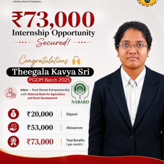 🎉👏 Success Speaks Louder Than Words! 👏🎉

Heartiest congratulations to Theegala Kavya Sri (PGDM Batch 2025) on securing an incredible ₹73,000-per-month internship opportunity with NABARD under the Rural Women Entrepreneurship Program! 🌟📚

This remarkable achievement reflects the power of dedication, quality education, and the right career guidance at Ashoka School of Business (ASB). We wish you continued success as you take this exciting step toward a bright professional future. 🚀💼

🌟 Every Success Begins with One Story. Next Is Yours.

📞 72079 39934
📧 info@theasb.in
🌐 www.asb.org.in
📍 NH 65, Near Ramoji Film City, Toopranpet, Hyderabad, Telangana 508252

#AshokaSchoolOfBusiness #ASB #PGDM #InternshipSuccess #NABARD #CareerSuccess #StudentAchievement #FutureLeaders #ManagementEducation #CampusPlacement #InternshipOpportunity #HigherEducation #SuccessStory #BusinessSchool #CareerGrowth