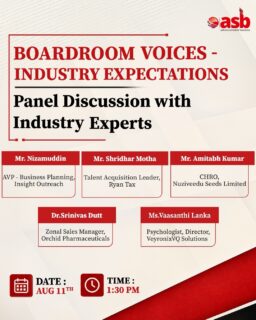 From Classrooms to Boardrooms!🎙️

The Boardroom Voices – Industry Expectations panel discussion at ASB brought together industry experts who shared valuable perspectives on what the corporate world expects from today’s management professionals.

From business planning and talent acquisition to HR leadership, sales, psychology and industry insights, the session offered our students a closer look at the skills, mindset and adaptability needed to succeed in the workplace.

A meaningful conversation. Diverse perspectives. Real-world learning. 🚀

A big thank you to our esteemed panelists for sharing their time, experience and insights with our students.

#ashokaschoolofbusiness #ASBHyderabad #boardroomvoices #industryexpectations #industryinteraction ManagementEducation CorporateInsights ExperientialLearning StudentDevelopment FutureLeaders