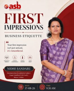 Making the Right Impression Starts with the Right Skills.
Ashoka School of Business had the pleasure of hosting Nidhi Bandaru for an engaging session on First Impressions & Business Etiquette.
From professional presence and confident communication to personal branding and workplace etiquette, the session gave our students practical insights that will help them navigate the professional world with greater confidence and impact.
An insightful, interactive, and valuable learning experience for our students.
Thank you, Nidhi Bandaru, for sharing your expertise and inspiring our students!
#asbhyderabad #ashokaschoolofbusiness #firstimpressions #businessetiquette ProfessionalDevelopment StudentLearning PersonalBranding Leadership