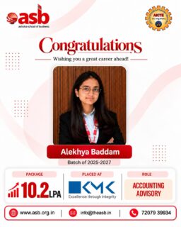 🚀 Your dream career could be closer than you think!

Placement Season 2025–27 has officially begun, and we’re proud to celebrate Alekhya Baddam from the Batch of 2025–27, who has secured an impressive 10.2 LPA package at KMK and is all set to begin a promising career in Accounting Advisory. 🎓✨
Alekhya’s achievement is a testament to the power of ambition, preparation, and the right opportunities. As more success stories unfold, the next one could be yours!
Ready to take the first step toward a rewarding career? Explore your future with Ashoka School of Business today❤️
📞 72079 39934 | ✉️ info@theasb.in
🌐 www.asb.org.in
#AshokaSchoolOfBusiness #ASBPlacements #StudentSuccess #PlacementSeason #CareerJourney •CareerSuccess •CampusPlacements