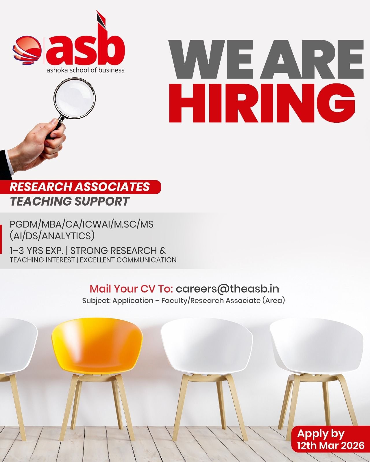 Research Associates – Teaching & Academic Support
Ideal for Early Career Academicians!
Eligibility:
* PGDM/MBA/C.A/ ICWAI/ M.Sc – Statistics/ M.S. in AI, DS, Analytics,
* 1–3 years of industry or academic/research experience.
* Strong interest in teaching, academic research, and pursuing Ph.D. in future.
* Excellent analytical and communication skills.
Role:
* Assist senior faculty in research, curriculum development, and lab sessions & teaching
* Handle tutorials, assessments, and AI tools implementation in class.
* Involve in industry collaboration, projects, and academic events.
* To stay on campus, bachelor accommodation is available
Send your detailed CV with subject line “Application for Faculty/Research Associate – (indicate area)
careers@theasb.in
Apply by: 12th March, 2026
📍 NH65, near Ramoji Film City, Toopranpet, Hyderabad, Telangana 508252
#AshokaSchoolOfBusiness #ResearchAssociate #AcademicCareers
#EarlyCareerAcademics #TeachingAndResearch
#MBAJobs #PGDMJobs #FutureAcademicians #JoinASB
