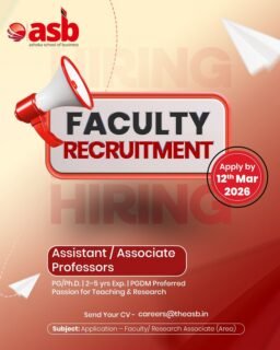 Faculty Recruitment
Ashoka School of Business, Hyderabad is on a expansion journey, invites applications from passionate professionals for the following positions to teach our Post Graduate Diploma in Management (PGDM) program:
1. Full-Time Faculty – Assistant & Associate Professors
Eligibility:
* Postgraduate/Ph.D. in Management - in Finance, HR, Marketing, Agri Business Management, & AI & Data Sciences, General Management disciplines.
* Minimum 2- 5 years of relevant experience in Teaching & Research in related domains.
* Prior teaching experience at the PGDM level (preferred).
* Passion for academic innovation, case-based teaching, mentoring, research & who love to experiment, unafraid of failure and building premier B School
Send your detailed CV with subject line “Application for Faculty/Research Associate – (indicate area)
careers@theasb.in
Apply by: 12th March, 2026
📍 NH65, near Ramoji Film City, Toopranpet, Hyderabad, Telangana 508252
#AshokaSchoolOfBusiness #FacultyRecruitment #TeachingCareers
#PGDMFaculty #AcademicCareers #BSchoolCareers #JoinASB
#ManagementFaculty#TeachInHyderabad