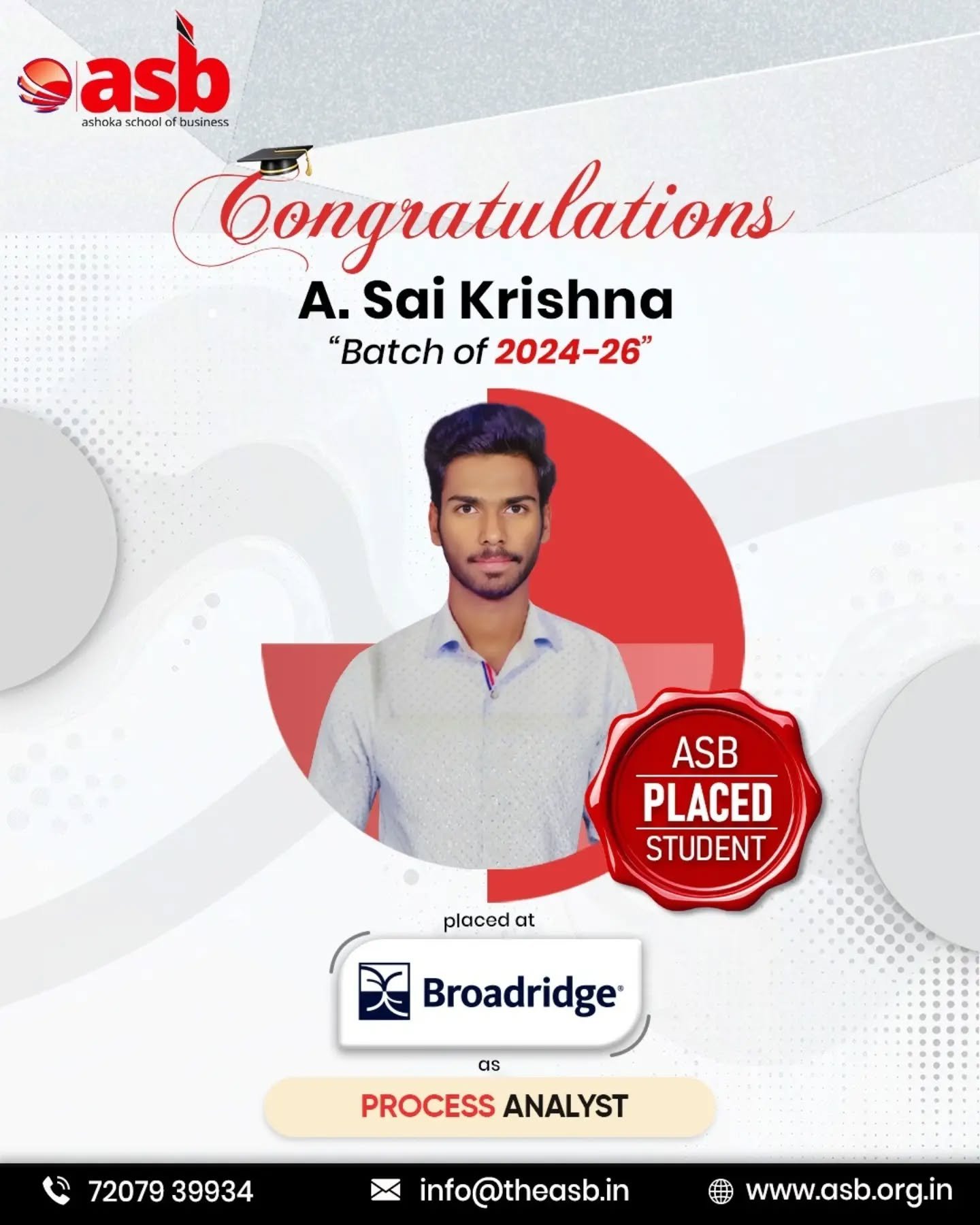 Big congratulations to A. Sai Krishna on this amazing achievement! 🎉👏

Your dedication and hard work have paid off as you step into your professional journey as a Process Analyst at Broadridge 🚀💼
Wishing you continued success and growth ahead! 🌟

Proud moment for Ashoka School of Business (ASB) and the Batch of 2024–26 🎓🔥

📞 72079 39934 | 📧 info@theasb.in
🌐 www.asb.org.in
📍 NH65, near Ramoji Film City, Toopranpet, Hyderabad, Telangana 508252

#AshokaSchoolOfBusiness #ASBPlacements #StudentSuccess #PlacementSuccess #Broadridge