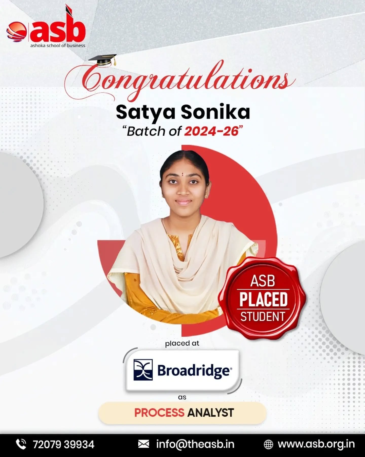 Big applause to Satya Sonika on this remarkable milestone! 🎉👏

Your dedication and perseverance have led you to an exciting opportunity as a Process Analyst at Broadridge 🚀💼 

Wishing you continued growth, success, and new achievements ahead! 🌟

A proud moment for Ashoka School of Business (ASB) and the Batch of 2024–26 🎓🔥

📞 72079 39934 | 📧 info@theasb.in
🌐 www.asb.org.in
📍 NH65, near Ramoji Film City, Toopranpet, Hyderabad, Telangana 508252

#ASB #AshokaSchoolOfBusiness #StudentSuccess #PlacementSuccess #Broadridge