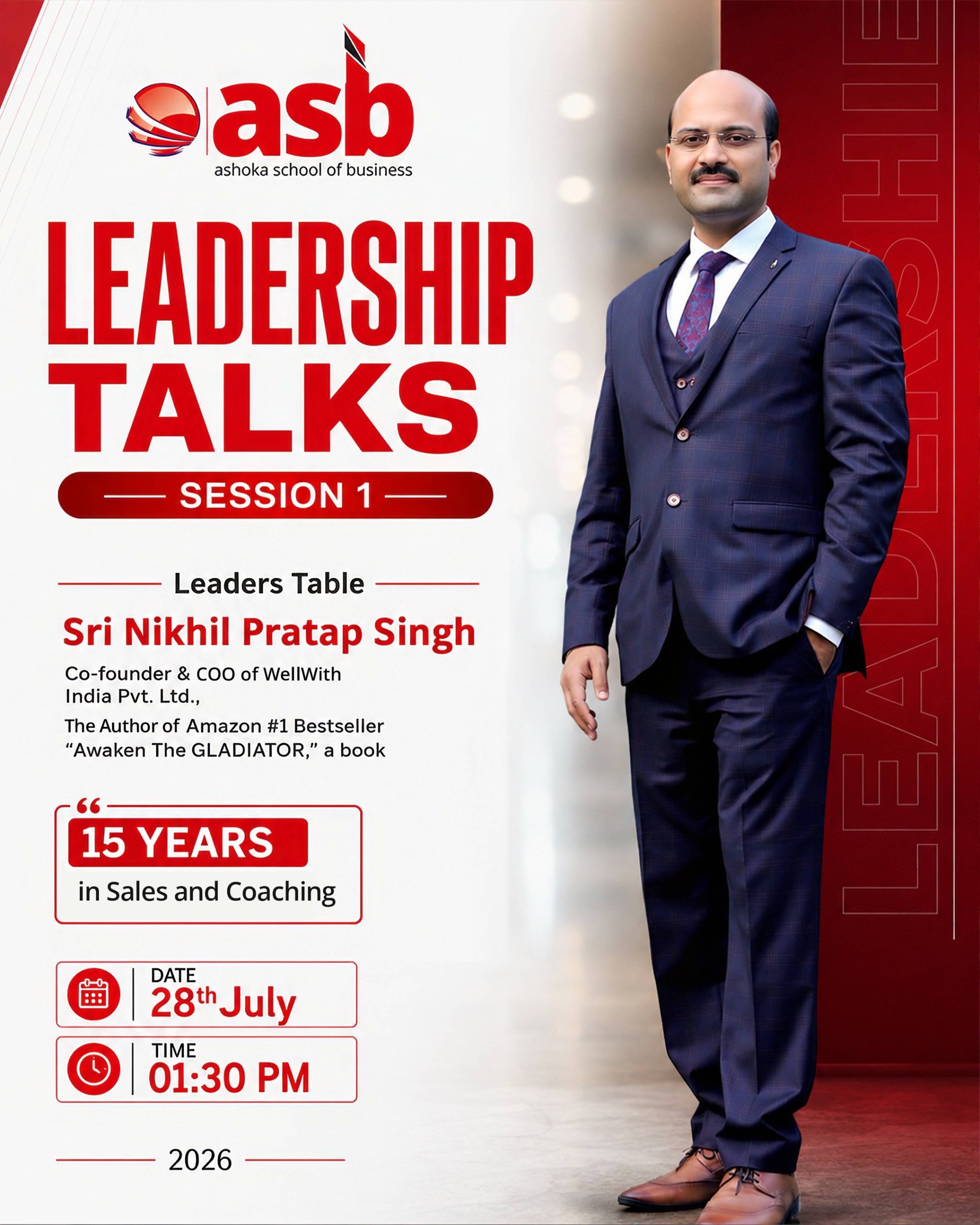 Great leaders don’t just inspire—they spark transformation. ✨
Tomorrow marks the beginning of another enriching learning experience at Ashoka School of Business as we kick off the first session of our Leadership Talks series.
An afternoon filled with powerful ideas, practical insights, and meaningful conversations awaits our students. Looking forward to an engaging session with Nikhil Pratap @wellwith.nikhil and an opportunity to learn from his experiences.
See you tomorrow! 🚀
#asbhyderabad #leadershiptalks #learnleadexcel #FutureManagers #ManagementEducation LeadershipMindset CareerGrowth StudentSuccess BusinessSchool TomorrowAtASB